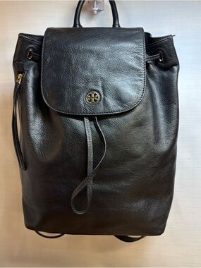 Tory Burch Pebbled Leather Black Backpack Bag Purse Logo Drawstring Magnetic